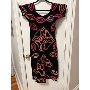 Afrobohemian Toghu Black Velvet Midi‎ Dress Geometric Embroidery Handmade Small